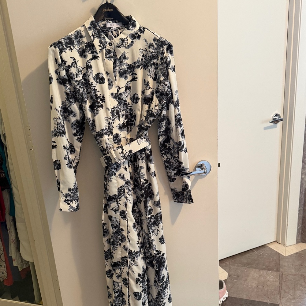 Black and white floral shirt dress with belt
